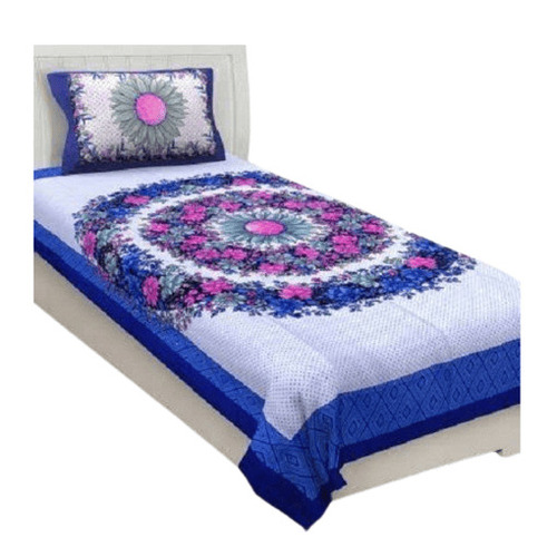 Cotton Bed Sheets - Full Size Blue & White Printed Design | Breathable Shrink Resistant Machine Washable
