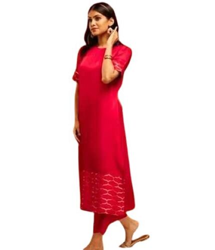 Ladies Silk Kurti Set - Lightweight Plus Size, Red Dyed Canvas | Elegant Patterns, Easy to Maintain, Long Sleeve, Trendy Silhouettes