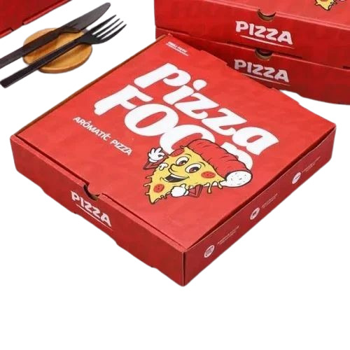 Pizza Packaging Box - Kraft Paper, 7x7x1.5 Inches, Square Shape, Digital CMYK Printing, 3 Ply Strength, Vibrant Red Color