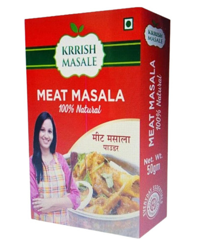 Meat Masala Packaging Box - Unbleached Kraft Paperboard, 140X190X90 mm Size, Multicolor Design, One Compartment, Rectangular Shape