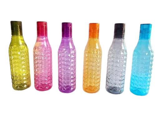 Water Bottle - Plastic, 1 Liter Size, Multi-Color, Round Shape | Narrow Flip Top Lid, Acid Etch Surface, Durable Design, Set of 6 Pieces