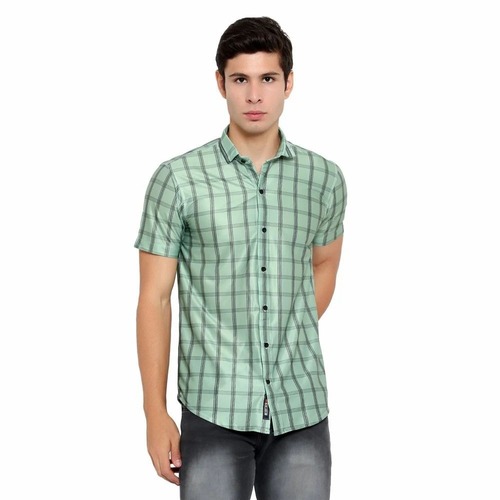 Mens Shirts - Cotton Blend, Regular Fit, Green Checked, Short Sleeves | Anti-Wrinkle, Breathable, Quick Dry, Machine Washable