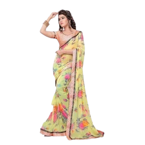 Chiffon Saree - 100% Chiffon Fabric, Standard Size | Yellow Printed Design, Light Weight, Washable, Breathable for Casual Wear