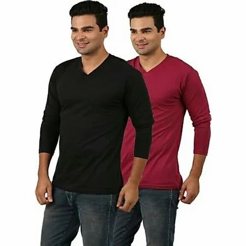 Men's Full Sleeves Cotton T-Shirt - V-Neck , Stylish Design, Comfortable Fit, Long Sleeve, Plain Pattern