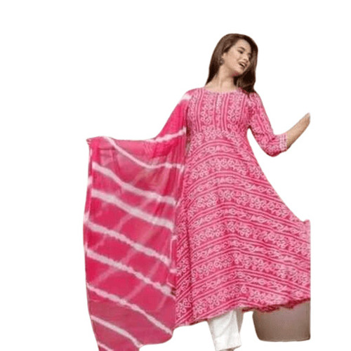 Modern Kurtis - Cotton Brocade, Customized Size, Pink Color | 3-4th Sleeve, A-line Style, Anti-wrinkle, Breathable, Quick Dry, Machine Washable
