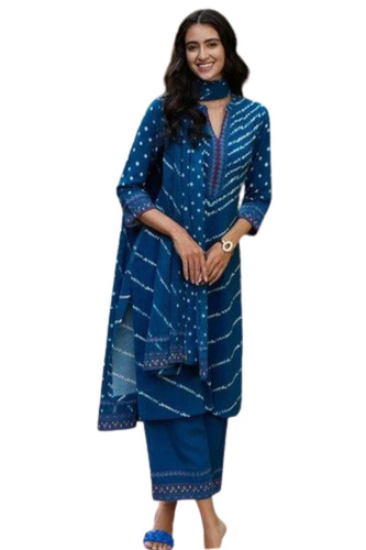 Ladies Cotton Kurtis - 3-4th Sleeve, Customized Size, Blue Printed Design | Light Weight, Breathable, Washable, Quick Dry, A-Line Style
