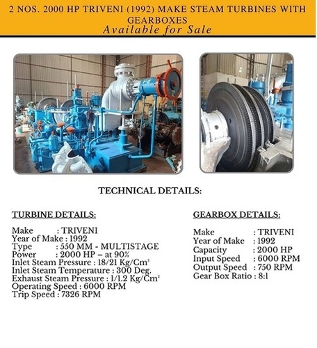 2000 HP TRIVENI 1992 make Steam Turbines with Gearboxes