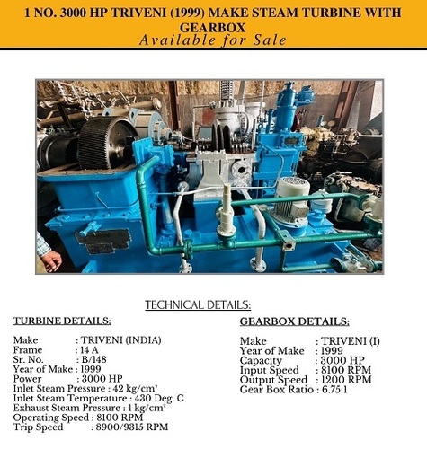 3000 HP Triveni 1999 make Steam Turbine with Gearbox