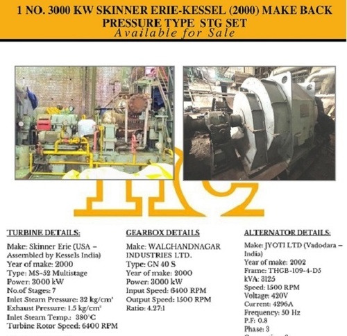 3000 kW Skinner Erie-Kessel 2000 make Back Pressure type STG Set