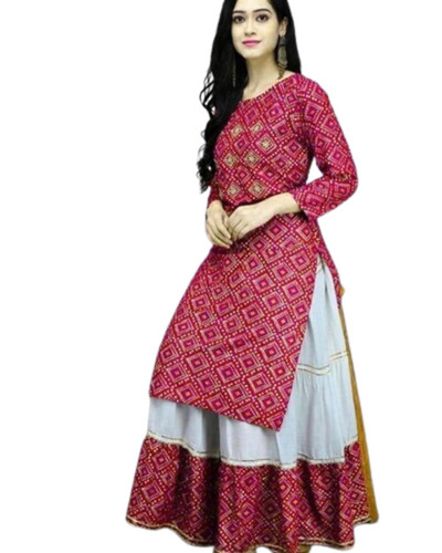 Ladies Kurtis - 100% Cotton, Customized Size, Red & White Printed Design | Light Weight, Breathable, Washable, Long Sleeve, Modern Style