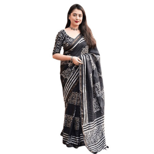 Cotton Sarees - 5.50 Meter Length, 0.80 Meter Blouse, Black & White Printed | Breathable, Lightweight, Skin-Friendly, Quick Dry, Regular Fit