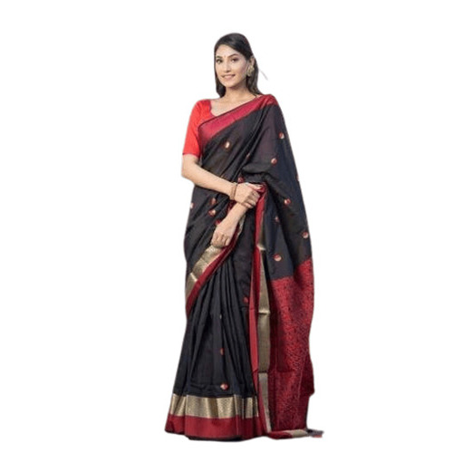 Ladies Sarees - Black & Maroon Printed Cotton Length 5.50 Meter Blouse Length 0.80 Meter Fade & Wrinkle Resistant Machine Washable