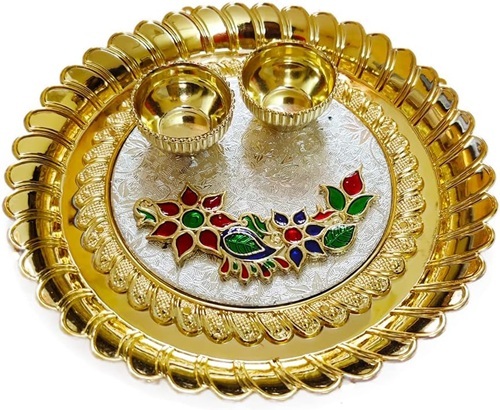 Copper Pooja Thali - Antique Imitation, Oval/Round/Square Shape, 1-10mm Thickness | Durable, Easy to Clean, Crystal Material, Acacia Wood Theme, Brown Color