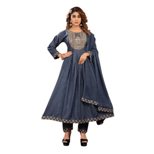 Anarkali Salwar Kameez - Cotton Polyester Blend, Gray Beaded Pattern | Breathable, Anti-Wrinkle, Quick-Dry, Full Sleeves, Machine Washable
