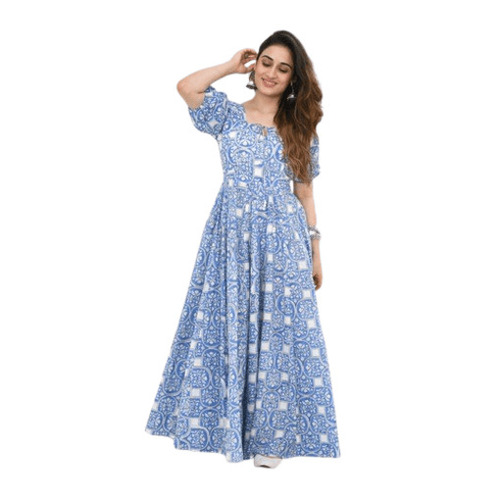 Printed Cotton Dress - Adult Regular Fit, Long Length, Blue & White Printed, Short Sleeves, Anti-Wrinkle, Breathable, Quick Dry, Machine Washable | Modern Design with Beads & Cloths Decoration