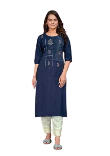 Ladies Kurti - Cotton Blend, Customized Sizes Available, Blue Color | Light Weight, Breathable, Quick Dry, 3/4th Sleeve, Embroidered Pattern