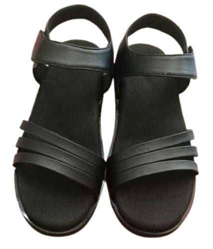 Ladies Sandals - PU Material, Size 4-8, Black Color | Medium Heel, Non-Slip Feature, Simple Velcro Type Design for Women