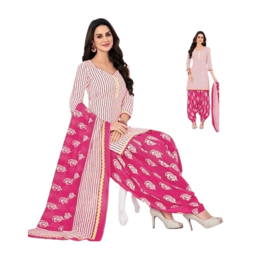 Ladies Salwar Suits - Cotton 3 Piece Set Pink & White Printed Pattern | Anti-Wrinkle Breathable Quick Dry Machine Washable Full Sleeves Regular Fit