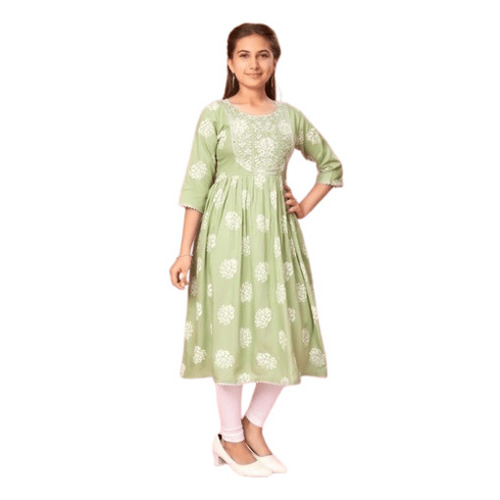 Ladies Kurtis - Cotton Blend, Customized Size, Green Color | 3-4th Sleeve Style, Bohemian Pattern, Anti-Wrinkle, Breathable, Skin-Friendly, Quick Dry