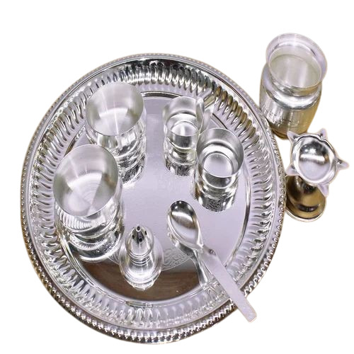 Silver Pooja Thali - Stainless Steel Round Fine Finished | Eco-Friendly Durable Lightweight Washable Polished Finish Indian Religious Style