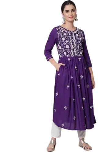 Embroidered Cotton Kurti - Purple, Standard Size, 3-4th Sleeve | Lightweight, Breathable, Washable, 100% Pure Cotton, Casual Style for Ladies
