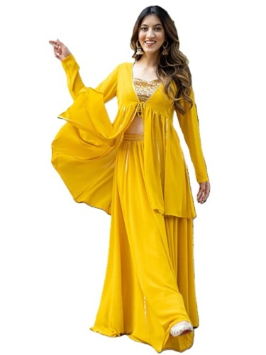 Choli Palazzo Set With Shrug - Canvas Material, All Sizes, Yellow Color | Breathable, Washable, Full Sleeves, Ethnic Indian Ruffle Design