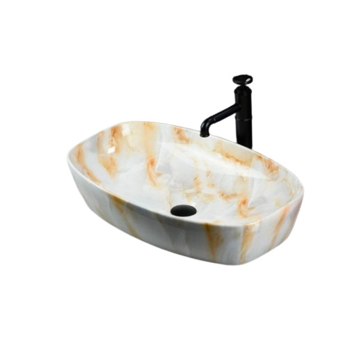 Counter Top Wash Basin - Ceramic, Regular Size, Oval Shape | White & Brown, Durable, Deck Mounted, Polished Finish