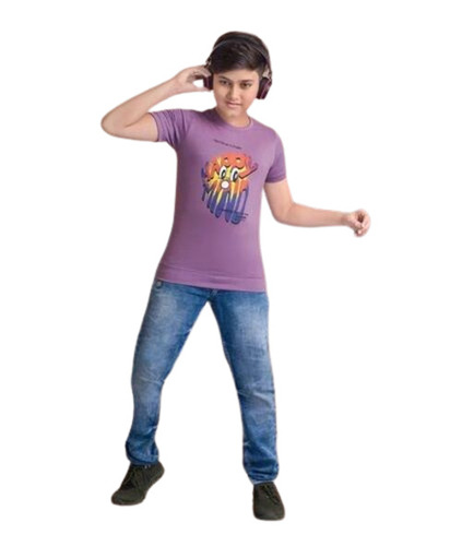 Boys Round Neck T-Shirt - Light Weight Cotton Very Good Quality Breathable Fabric Purple Printed Design Short Sleeves Customized Size