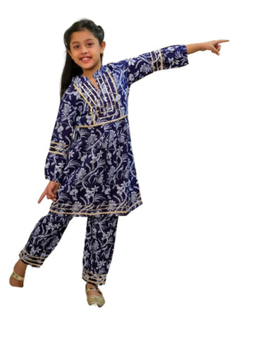 Girls Kurti With Pant - Cotton Brocade Multiple Sizes (S-XXL) | Light Weight Breathable Quick Dry Long Sleeve Beaded Printed Design