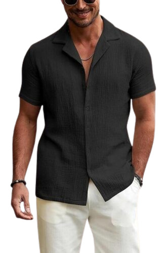 Mens Casual Shirts - Cotton, Customized Size, Black Color | Light Weight, Breathable, Short Sleeves, Button Down Collar, Plain Design