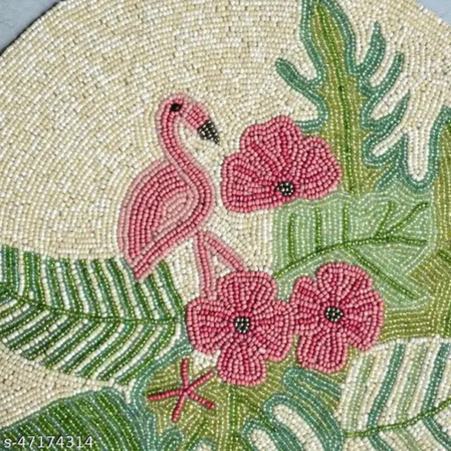 Round Beaded Table Mat - Handmade Cotton 30.48x43.18 cm Multicolored 5mm Thickness Washable Plain Pattern for Bar Use