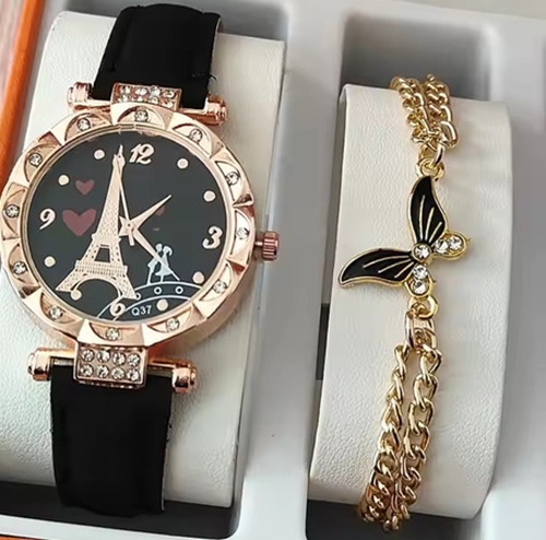 Ladies Bracelet Watches - Coated Glass Dial, Alloy Case, Black PU Band - Round Charm Wristwatch for Women, Fashion & Casual Style, Buckle Clasp
