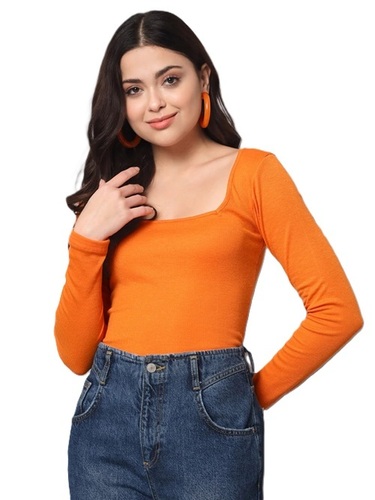Long Sleeve Regular Top - Solid Orange, Long Sleeves with Square Neck for Casual Wear | New Basics Design, Opaque Fabric, Regular Fit