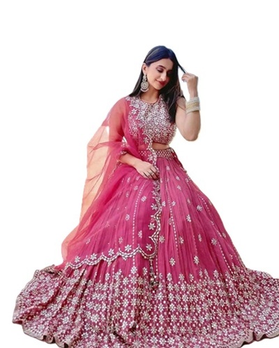 Pink Designer Lehenga Choli - Fabric Type: Bridal Satin