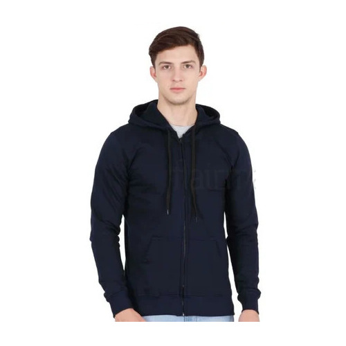 Plain Hoodies With Zipper - Cotton L Navy Blue, Long Sleeves | Washable, Bio Washed, No Color Loss