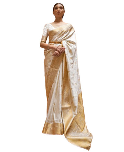 Pearl White Pure Kanjivaram Soft Silk Saree With Zari Work