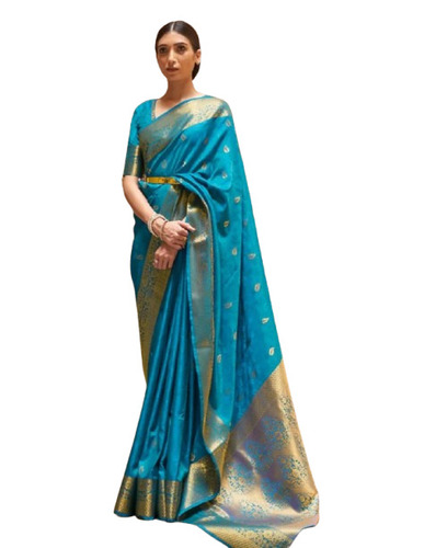 Teal Blue Pure Kanjivaram Soft Silk Saree With Zari Work