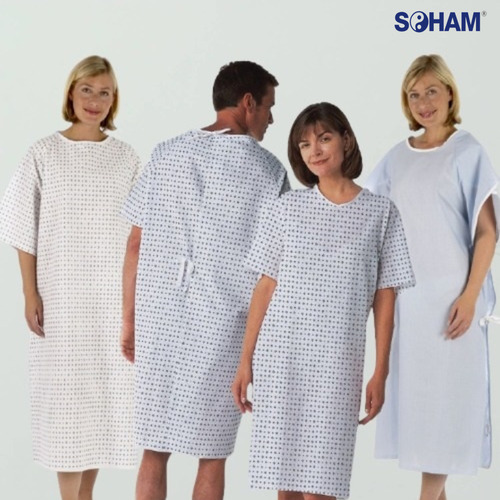 PR-1042-Stitched Round Neck Side Knot Patient Hospital Gown, Machine wash, Size