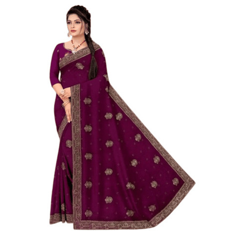 Chiffon Sarees - 5.50 Meter Length, 0.80 Meter Blouse, Purple Color | Breathable, Skin-Friendly, Quick Dry, Embroidered Design, Modern Pattern