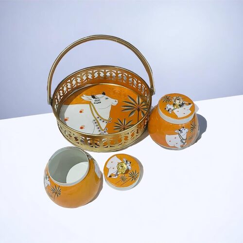 Pichwai Cow Print Metal 2 Dry Fruit Jar With Designer Tray Gift Set - Occasion: Diwali