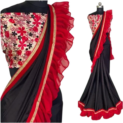 Party Wear Ruffle Silk Saree - Color: Multicolor