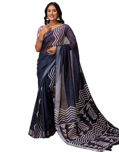 Navy Blue Cotton Printed Saree