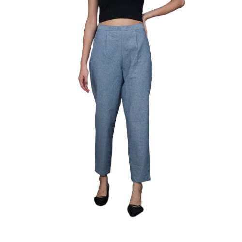 Women Denim Blue Tailored Pants - Feature: Pure Handloom Khadi Cotton
