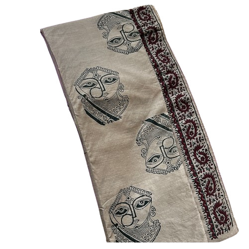 Hand Block Lady Face Printed Biege Chanderi Silk Kurti Material