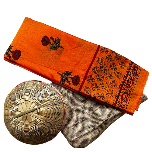 Hand Block Printed Orange Chanderi Silk Kurti Material - Print Type: Floral Buttis