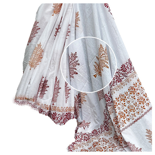 Hand Block Printed White Cotton Saree With Maroon And Rust Floral Buttis - Feature: Washable
