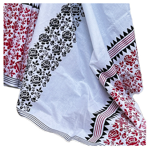 Hand Block Printed White Cotton Saree with Red and Black Design