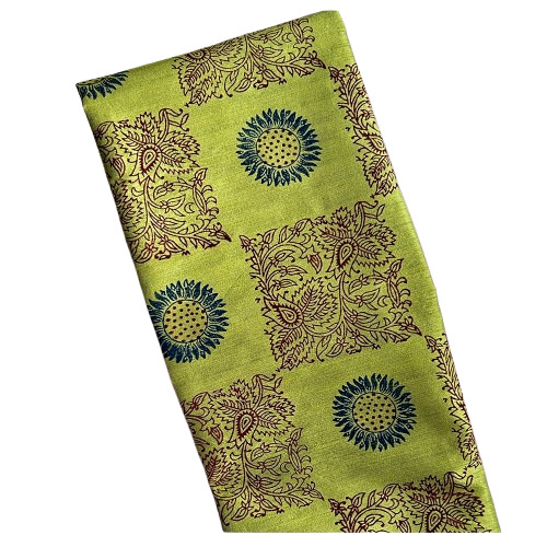 Floral Motifs Hand Block Printed Green Chanderi Silk Kurti Material - Size: Free Size