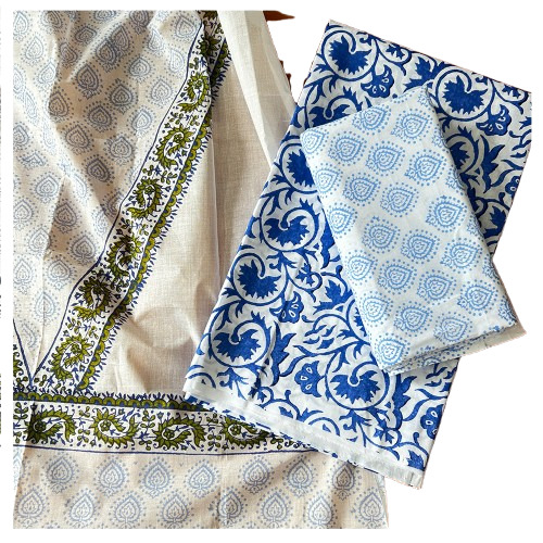 Hand Block Printed Blue Cotton Dress Material With Dupatta