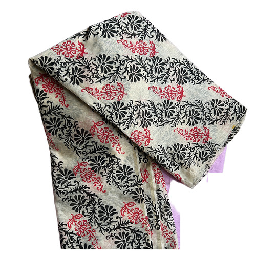 Red And Black Block Printed Beige Chanderi Silk Kurti Material - Material: Qyaari By Penkraft